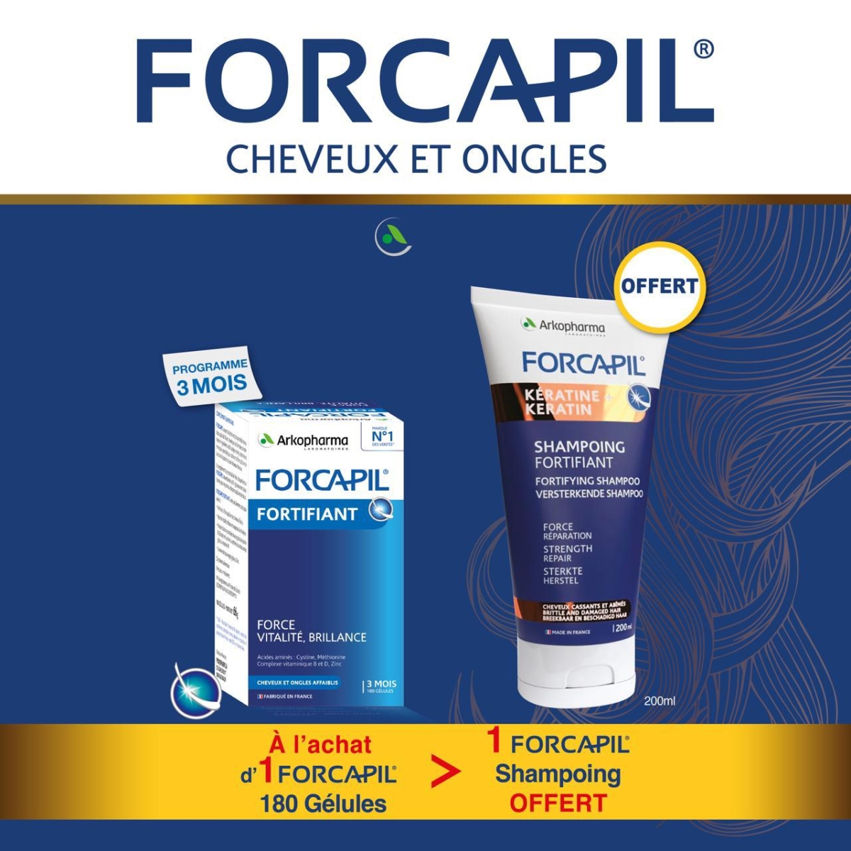 Forcapil Cheveux Et Ongles – 180 Gelules = 1 Shampooing OFFERT – Image 1