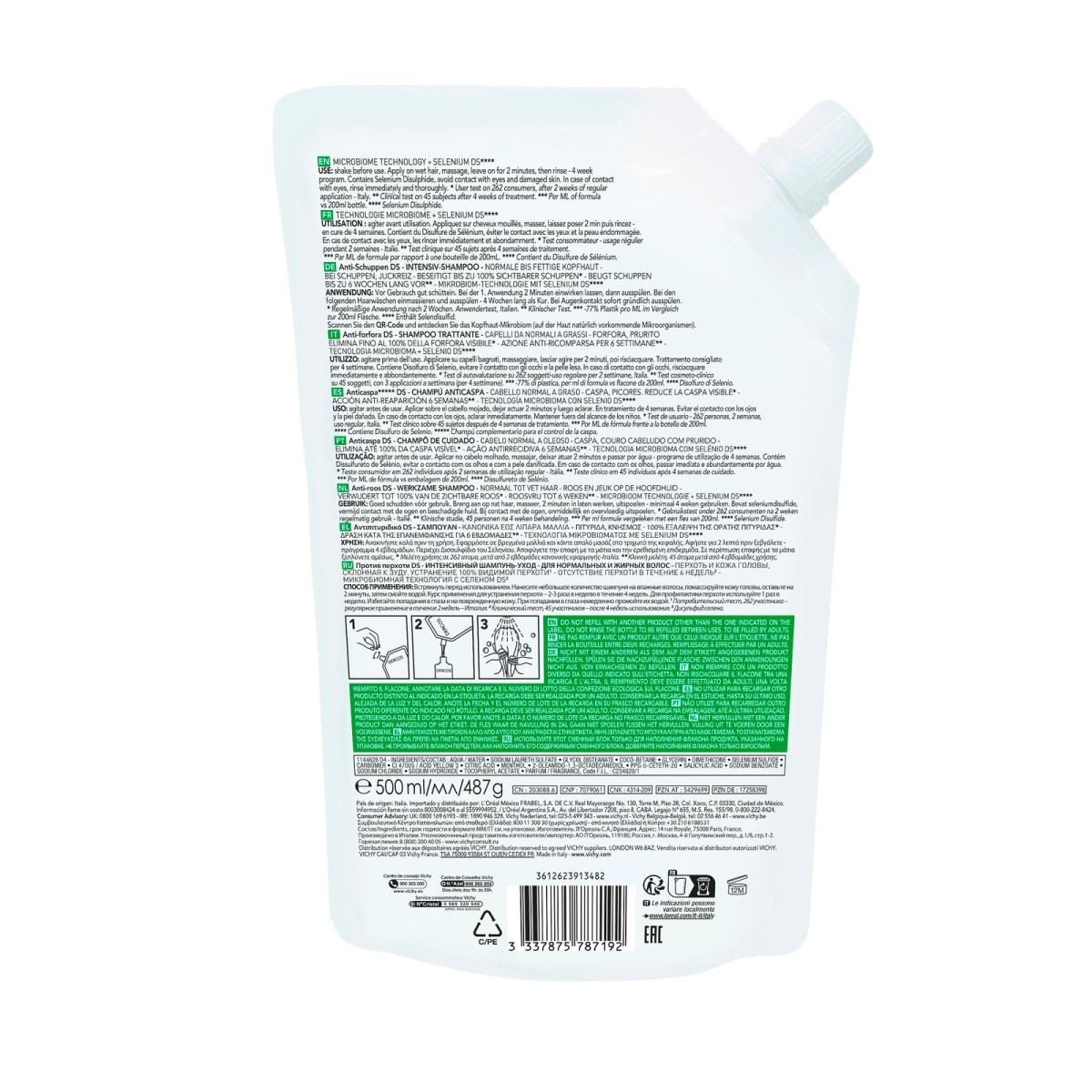 VICHY DERCOS ANTI PELLICULAIRE SHAMPOING CHEVEUX GRAS RECHARGE 500ML – Image 3