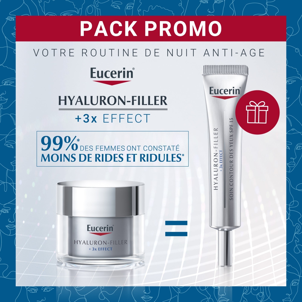 EUCERIN OFFRE HYALURON FILLER 3x EFFECT Soin De Nuit + Contour Des Yeux Anti-Rides SPF15 15ml OFFERT – Image 1