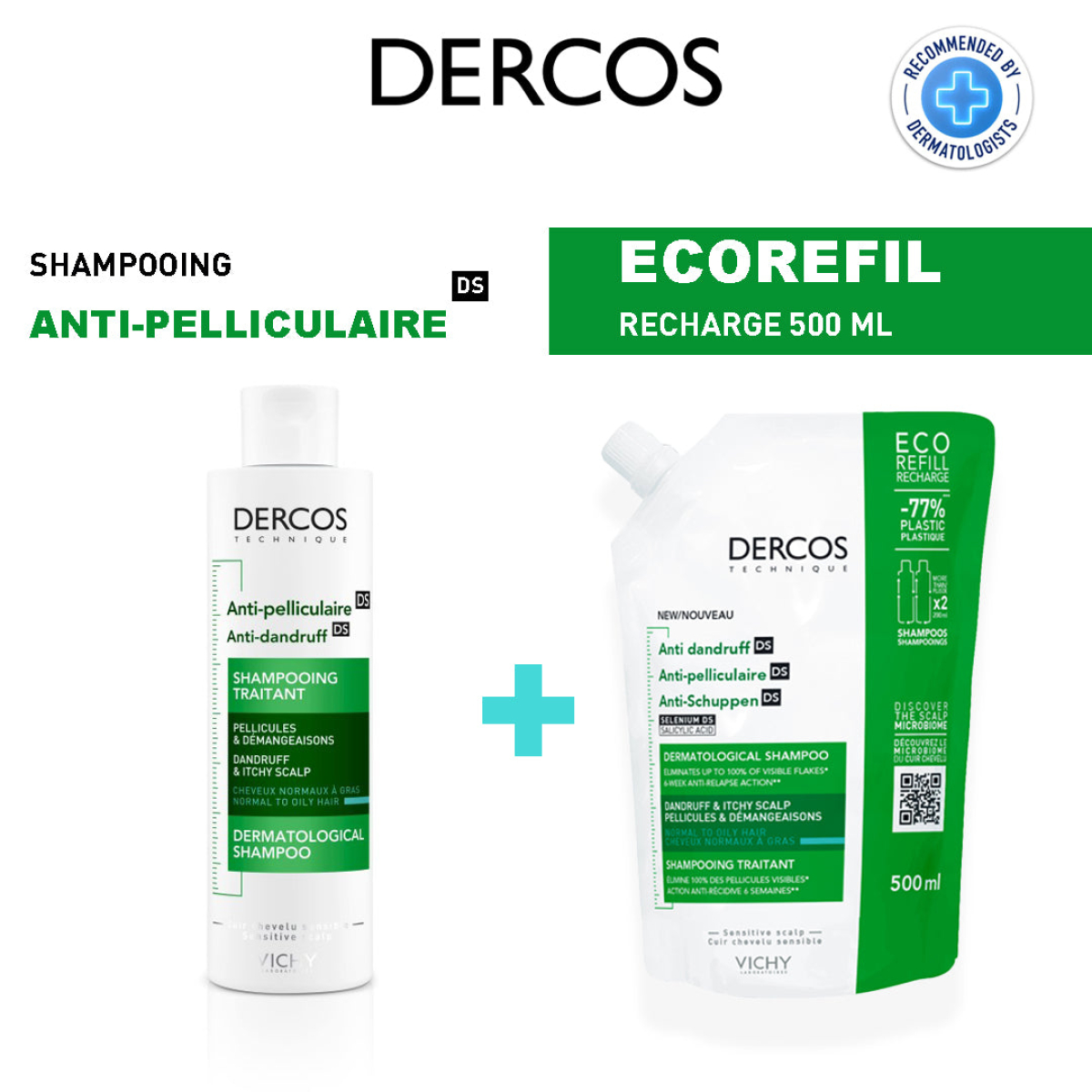 VICHY DERCOS ANTI PELLICULAIRE SHAMPOING CHEVEUX GRAS RECHARGE 500ML – Image 1