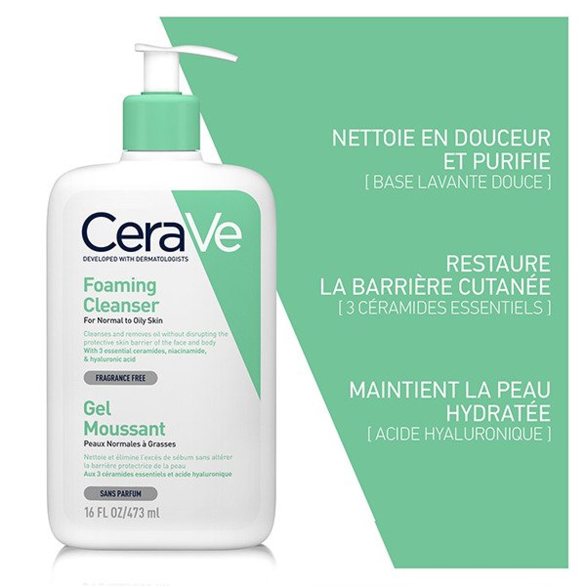 CERAVE GEL MOUSSANT NETTOYANT PEAU NORMALE À GRASSE | 473ML – Image 2