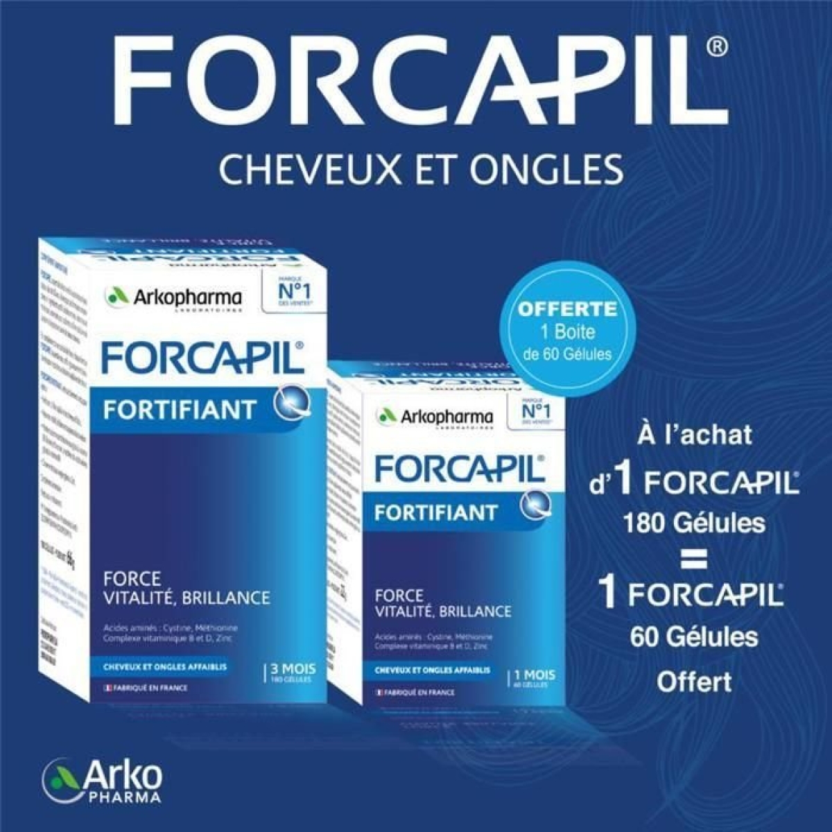 FORCAPIL PACK CHEVEUX ET ONGLES 180 GÉLULES + FORCAPIL 60 GÉLULES OFFERT – Image 1