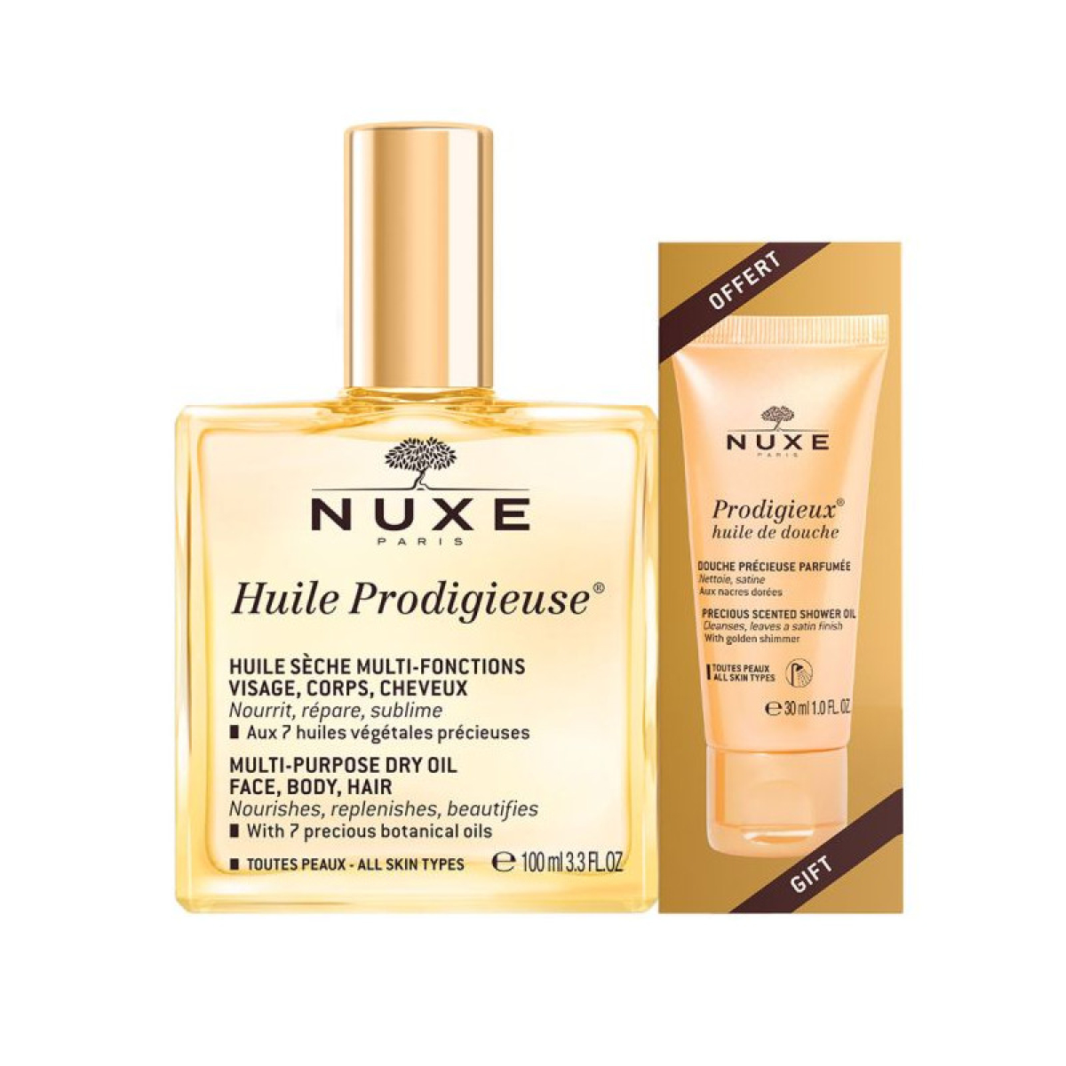 NUXE HUILE PRODIGIEUSE 100ml+HUILE DE DOUCHE 30ml OFFERTE – Image 1