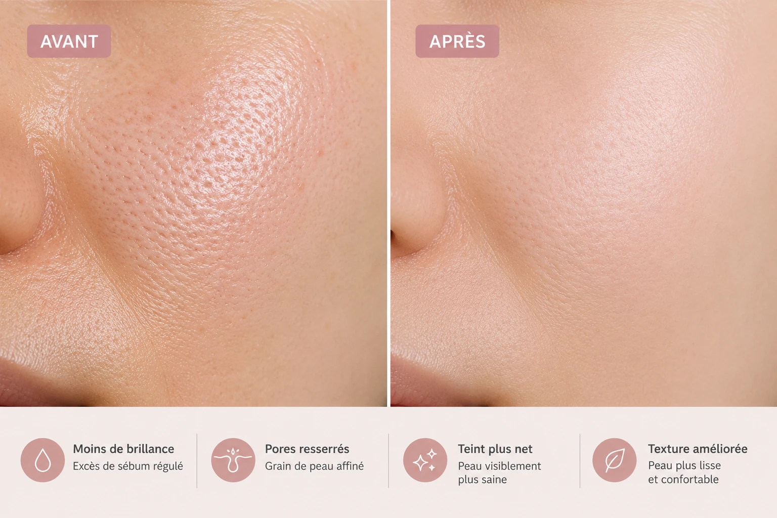 Résultat d'une routine peau grasse suivie avec régularité : teint mat et grain de peau affiné