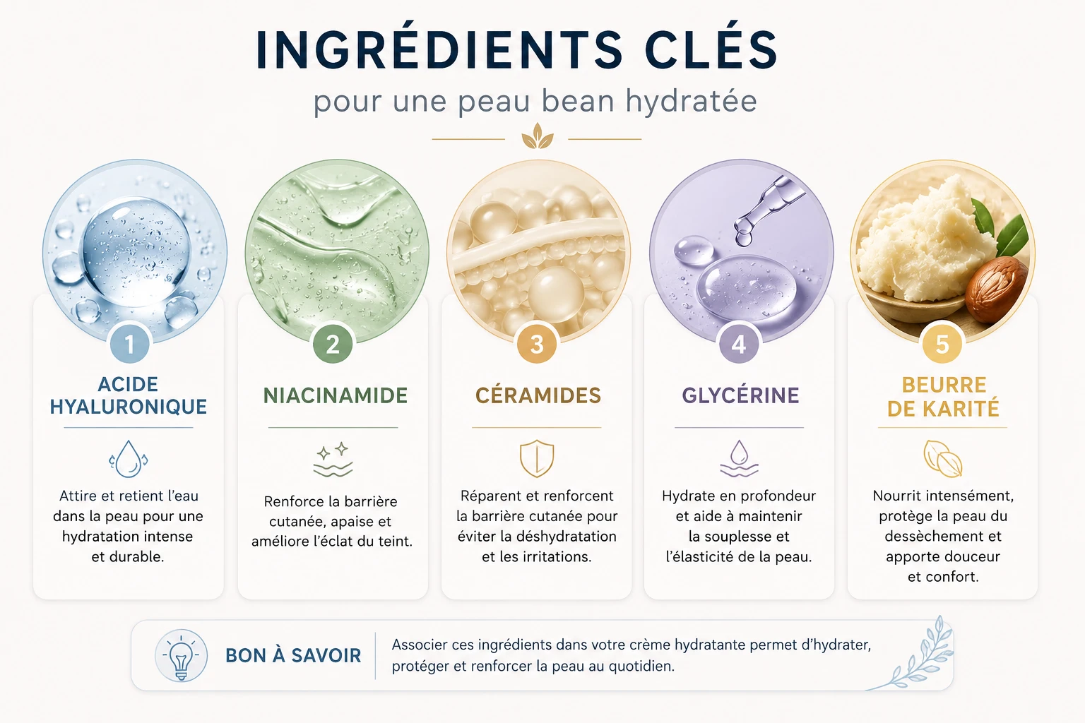Principaux ingrédients hydratants : acide hyaluronique, karité, argan, aloe vera