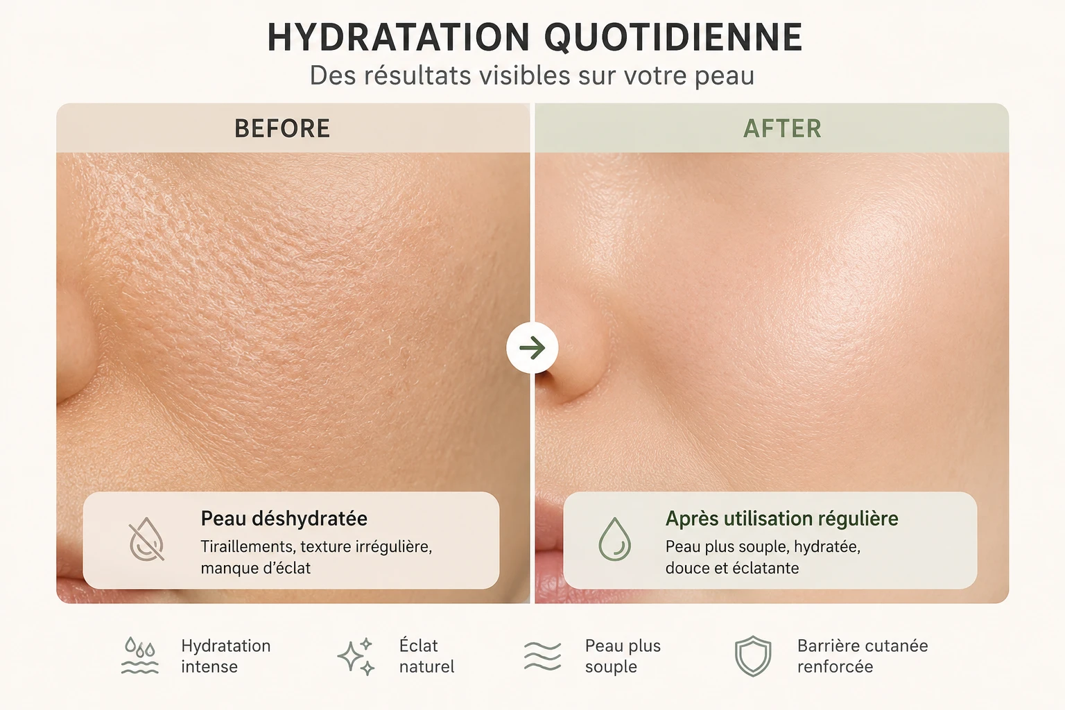 Aspect de la peau avant et après une routine d'hydratation régulière