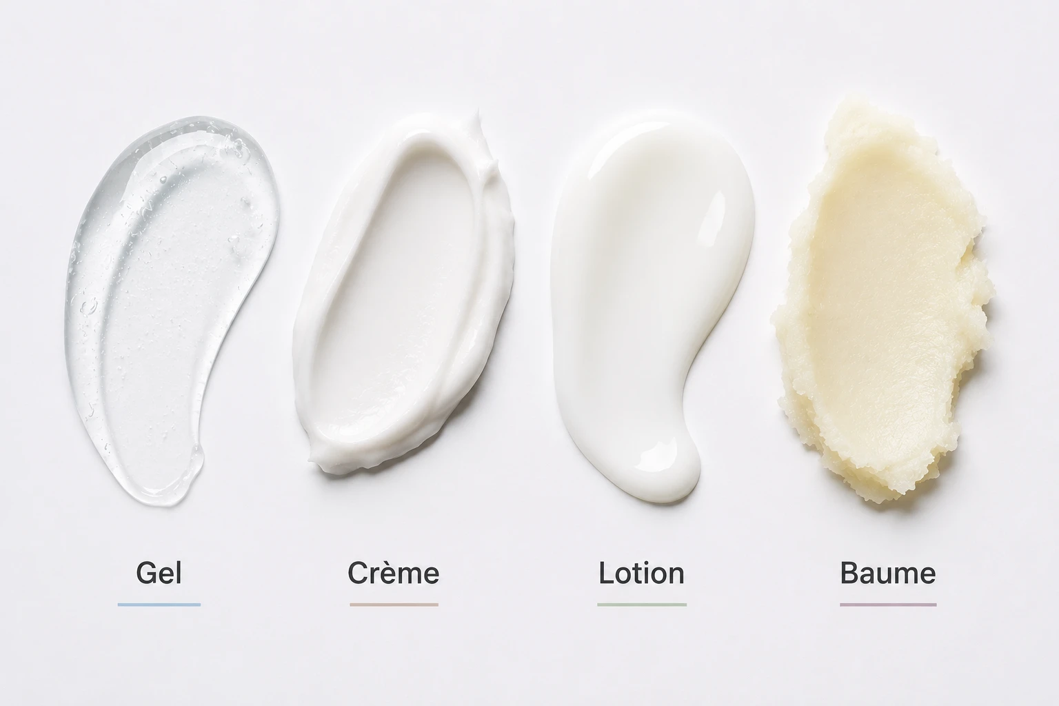 Différentes textures de crèmes hydratantes visage selon le type de peau