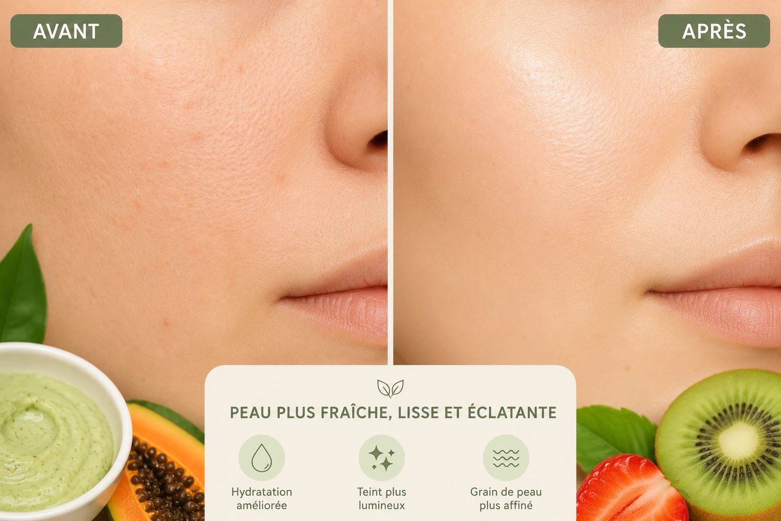 Résultat avant après masque fruité visage