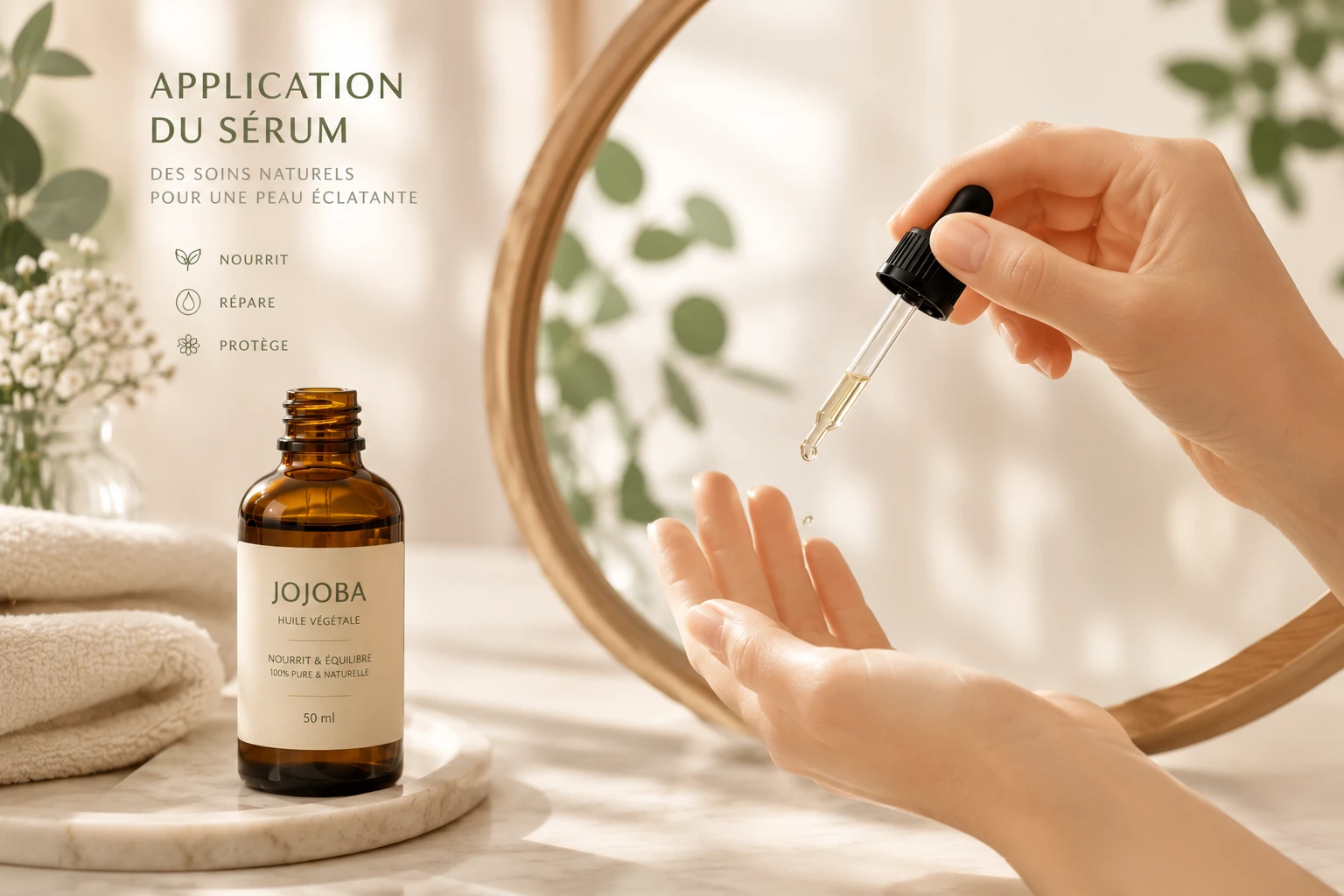 Application d'un sérum aux huiles essentielles sur le visage