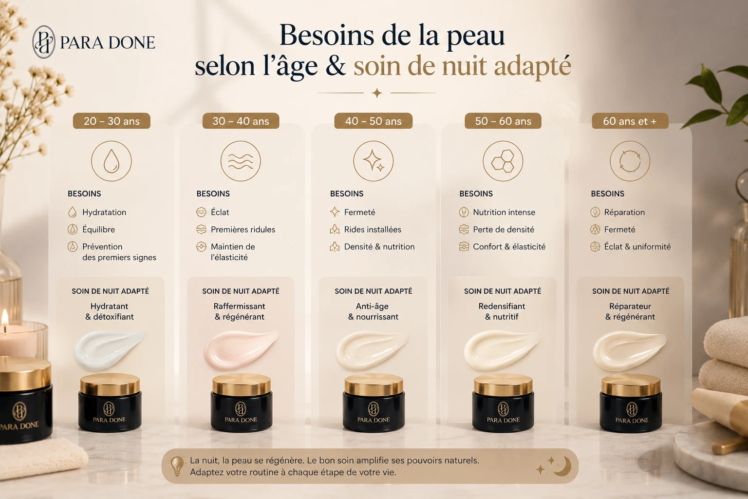 Besoins de la peau selon l'âge et soin de nuit adapté