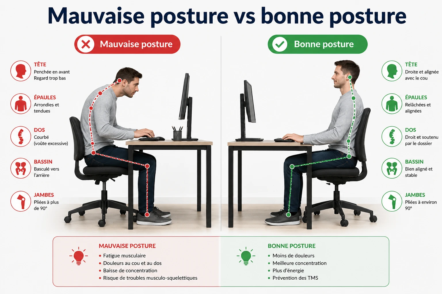 Bonne posture assise devant un ordinateur avec dos droit et écran à hauteur des yeux