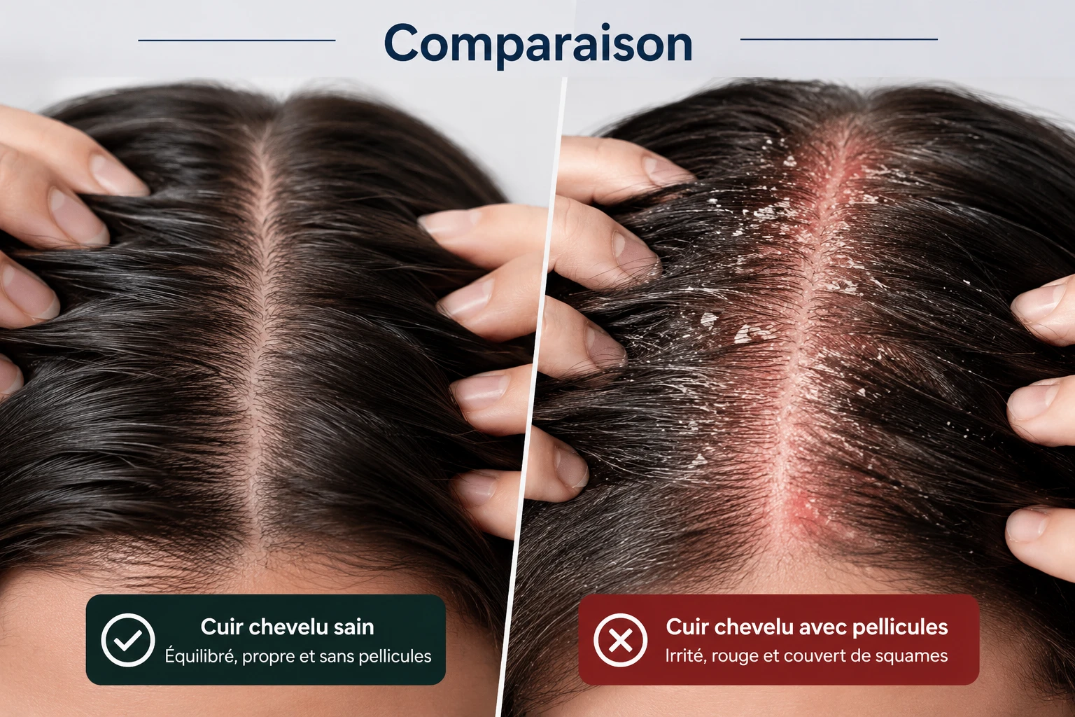 Comparaison entre un cuir chevelu sain et un cuir chevelu touché par des pellicules sévères
