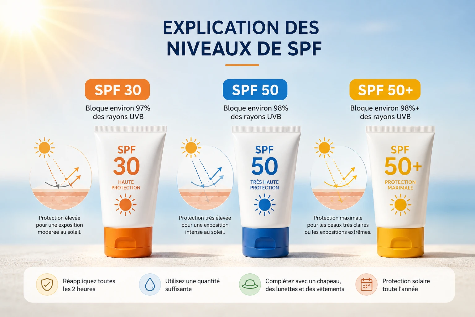Comparaison visuelle entre une protection solaire SPF 30 et une protection solaire SPF 50