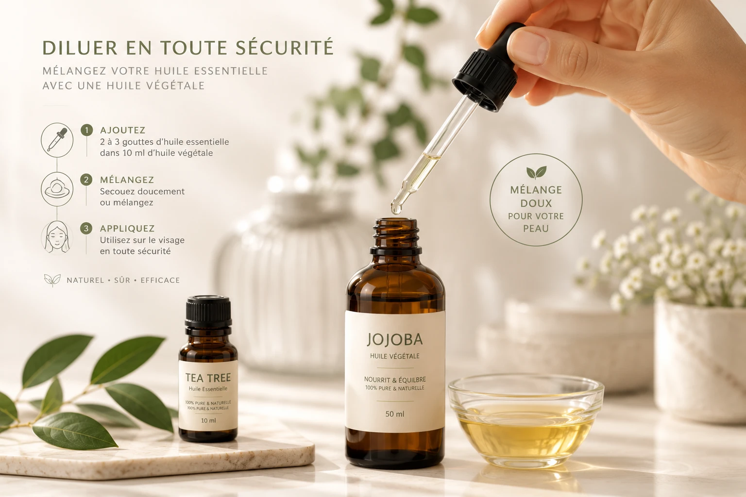 Dilution d'une huile essentielle dans une huile végétale avant application sur le visage