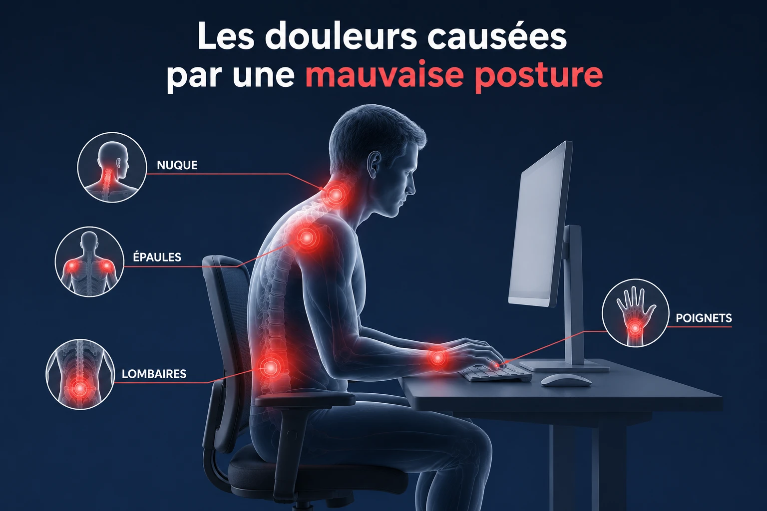 Douleurs au dos et à la nuque causées par une mauvaise posture devant l'ordinateur