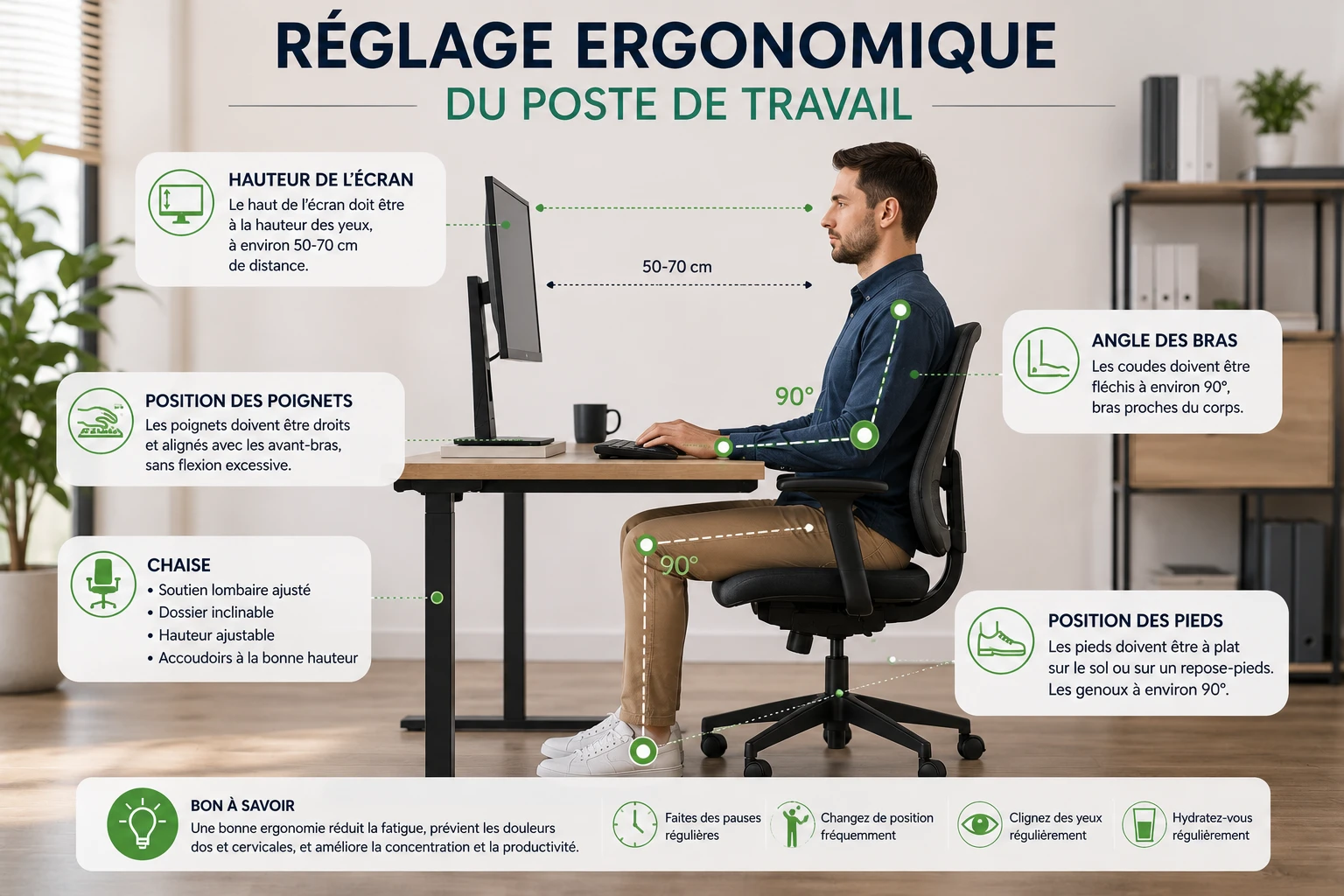 Poste de travail ergonomique avec chaise réglable et écran bien positionné