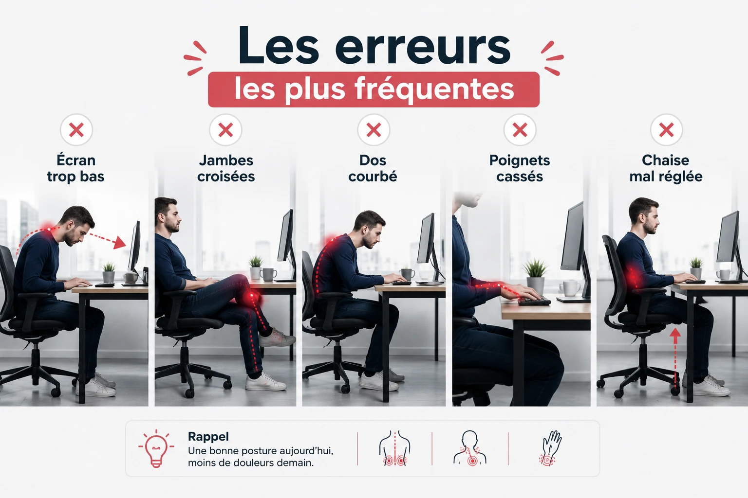 Erreurs de posture courantes au bureau devant un ordinateur