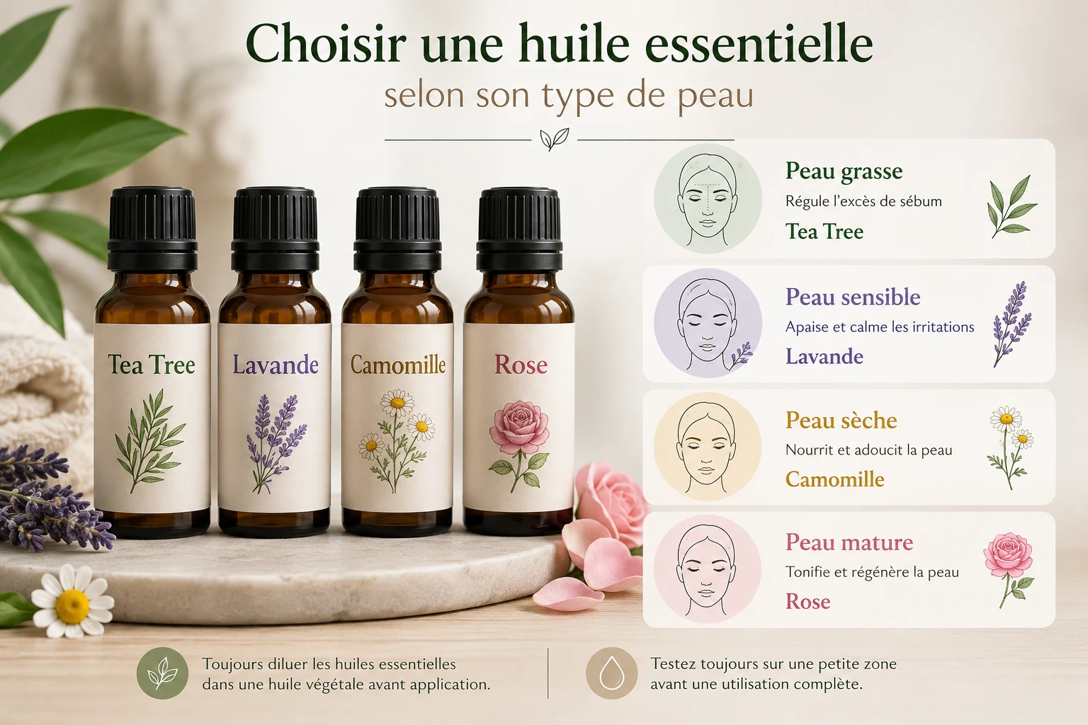 Choisir une huile essentielle selon son type de peau