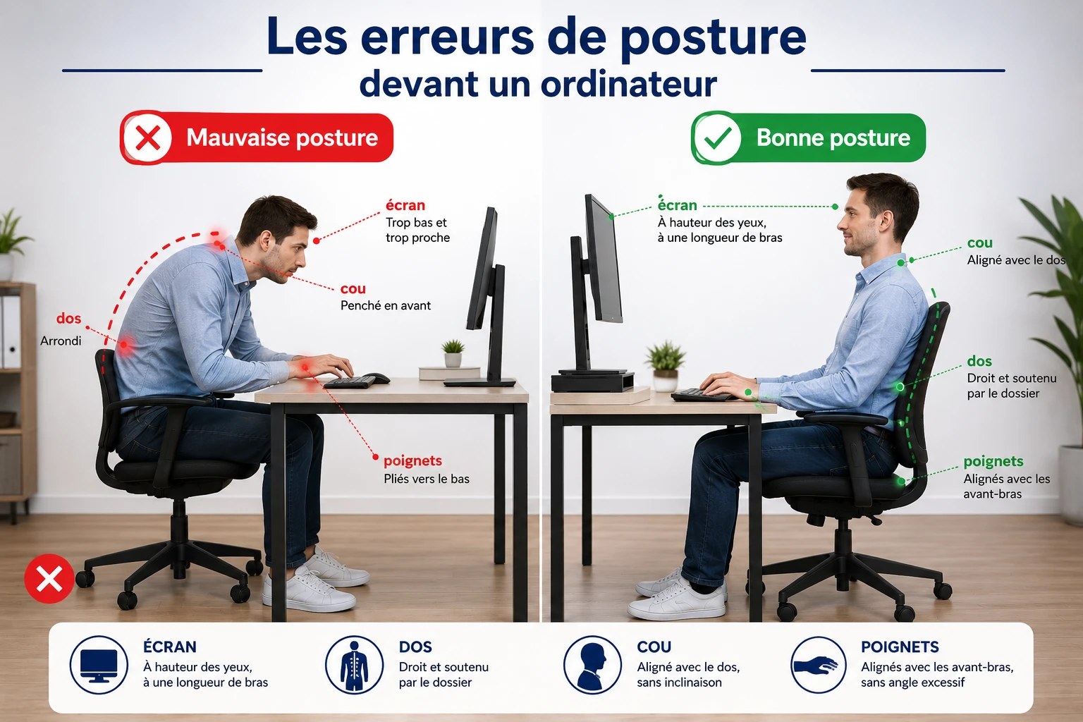 Personne travaillant avec une bonne posture devant un ordinateur