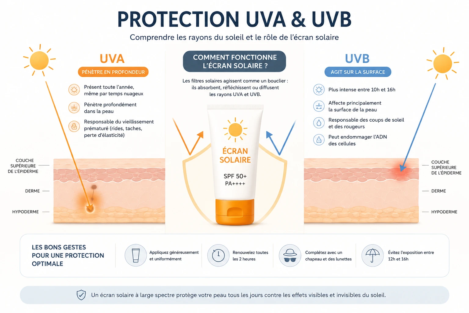 Illustration expliquant la différence entre rayons UVA et UVB et leur filtration par un écran solaire