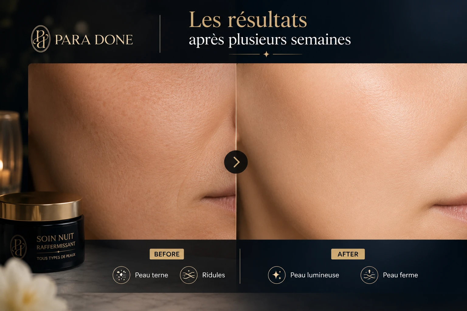 Résultats visibles d'un soin nuit raffermissant sur la peau