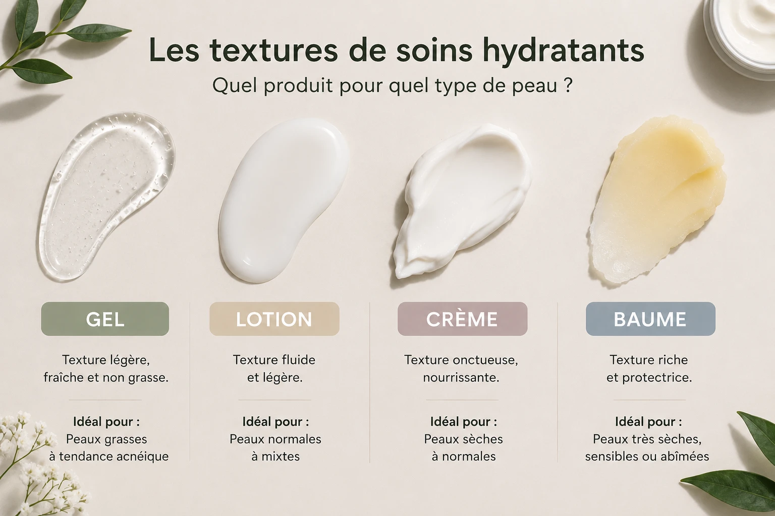 Comparatif des textures de crème hydratante : gel, lotion, crème riche et baume