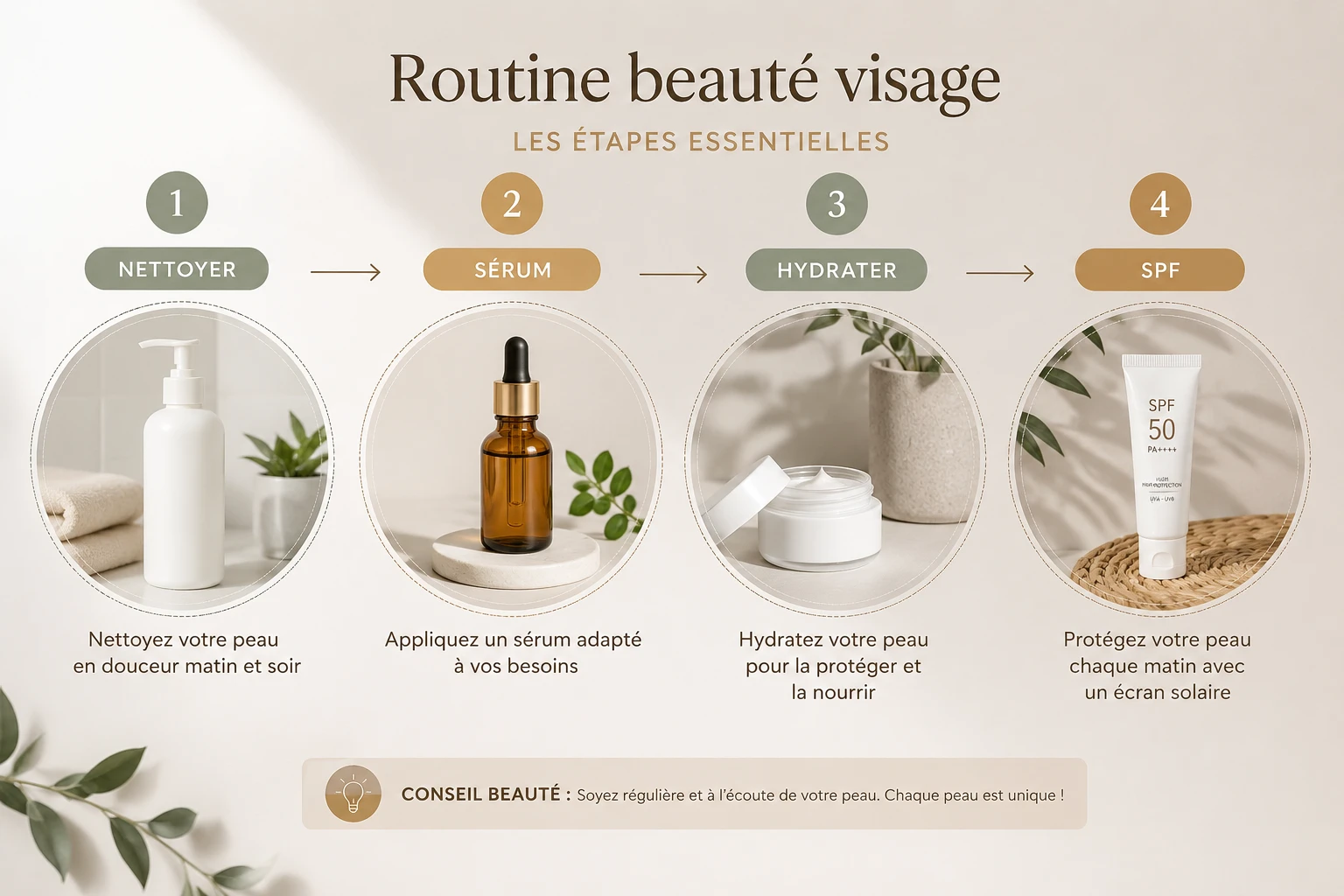 Les étapes d'une routine de soins du visage : nettoyage, hydratation, protection