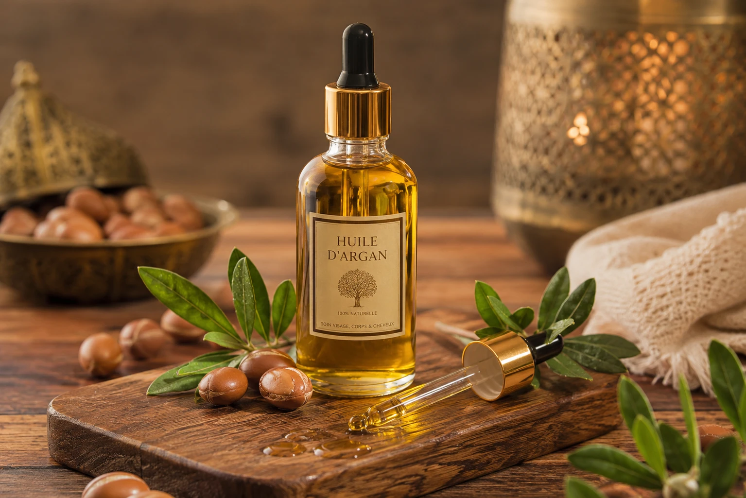 Huile d'argan utilisée en soin du visage dans une routine beauté marocaine