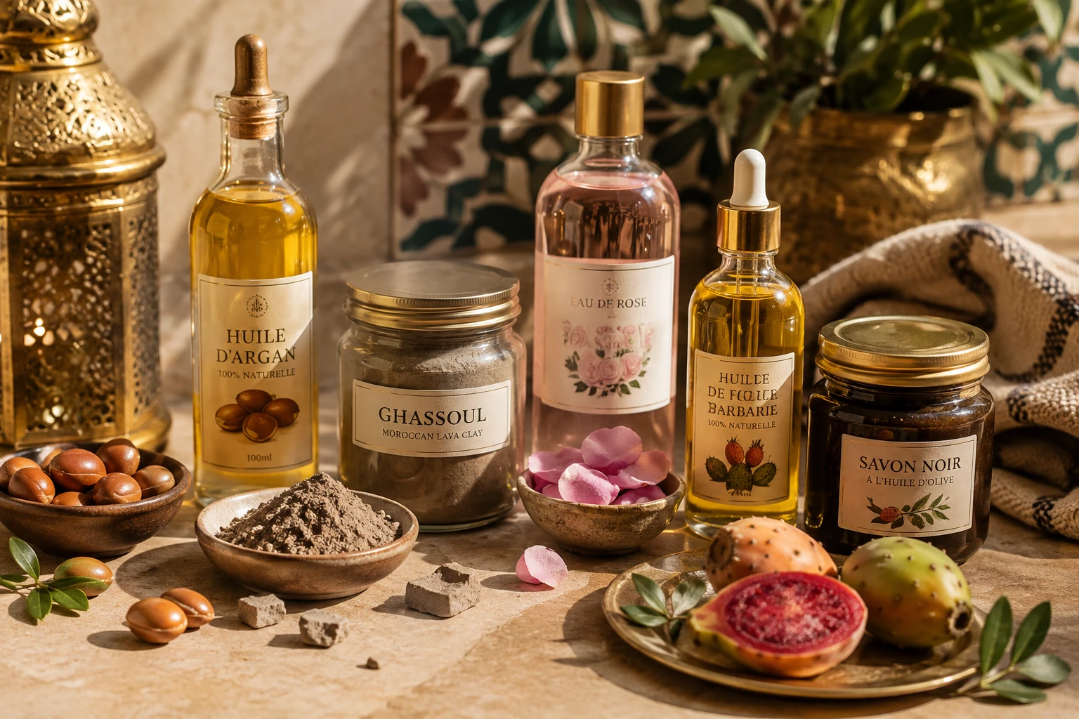 Ingrédients de beauté naturels marocains : argan, rhassoul, eau de rose, savon noir