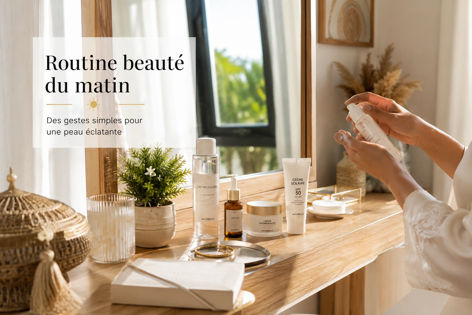 Routine beauté du matin d'une femme marocaine devant son miroir