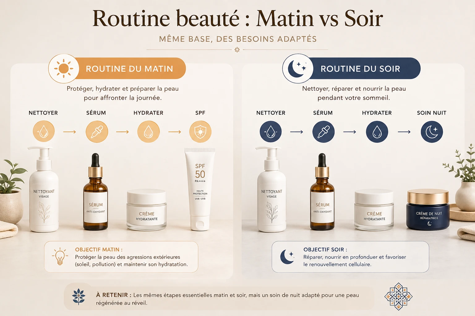 Comparaison entre routine beauté du matin et routine du soir