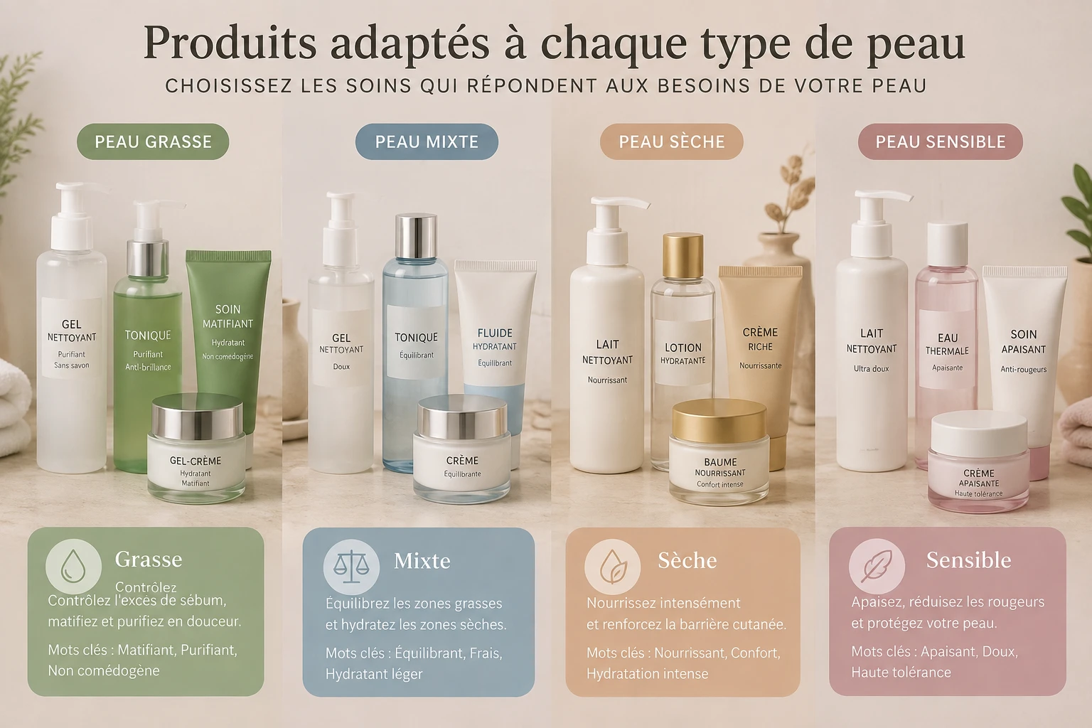 Routine beauté adaptée selon le type de peau : grasse, mixte, sèche, sensible